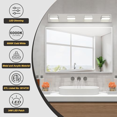 OKELI 30-Inch Brushed Nickel 4-Light Dimmable LED Vanity Light Over Mirror with Adjustable Heads