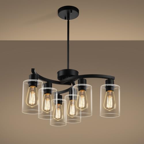 Black Farmhouse Chandelier - 6-Light Modern Pendant Light Fixture with Adjustable Height