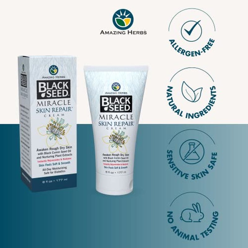 Amazing Herbs Black Seed Miracle Skin Repair Cream - Non-Allergenic Formula, Black Cumin Seed Oil, Vitamin E, and Other Essential Oils Support Collagen & Elastin Production - 6 Fl Oz