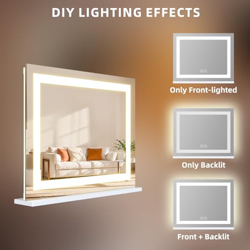 Beige Vanity Mirror with Lights - 22x19 Inch Backlit & Front Lit Hollywood Style