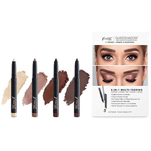 Xtreme Lashes Glideshadow Long Lasting Eyeshadow Stick Amber Glow Quad Collection, Chocolate, Mahgony, Bronze, Champagne, Lightweight Cream to Powder Makeup, No Fallout, Lash Extension Safe