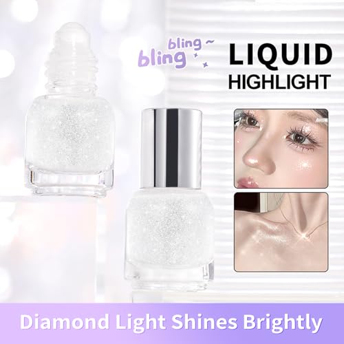 Diamond Roll On Liquid Highlighter for Radiant Glow, Watery-glowing Texture Shimmer Glow Face Luminizer, Long-Lasting Rollaway Body Glitter Makeup for Festival, Party & Daily Glow