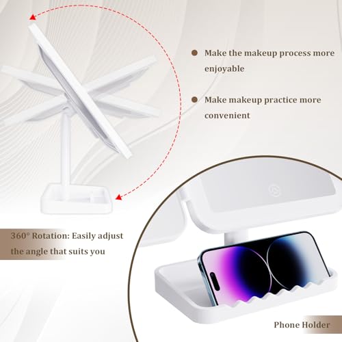 Makeup Mirror Vanity Mirror with Lights, 3 Color Lighting Modes, 1X/2X/3X Magnification, Tri-fold, 360¡Æ Rotation, Phone Holder for Makeup, 2000mAh Rechargeable, Bedroom, Bathroom, (White)