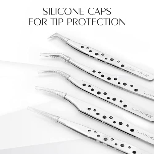 Lash Tweezers for Eyelash Extensions, Lankiz Eyelash Tweezers for Lash Extensions Stainless Steel Straight and Curved Volume Lash Tweezers Set Kit £¨5PCS-SilverH£©