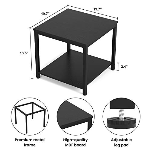 Homieasy Black 20-Inch Square 2-Tier Metal Wood Side Table - Modern Industrial Nightstand