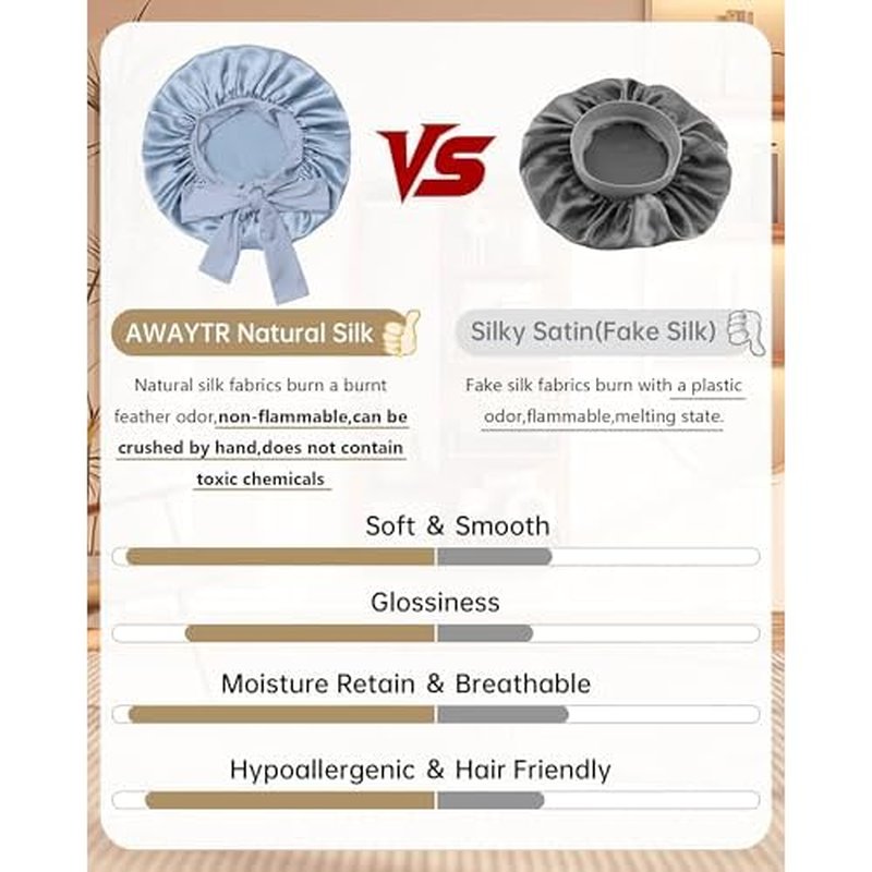 AWAYTR 100% Mulberry Silk Hair Bonnet for Women Sleeping with Tie Band 19 Momme Silk Sleep Cap Night (US, Alpha, One Size, Haze Blue)
