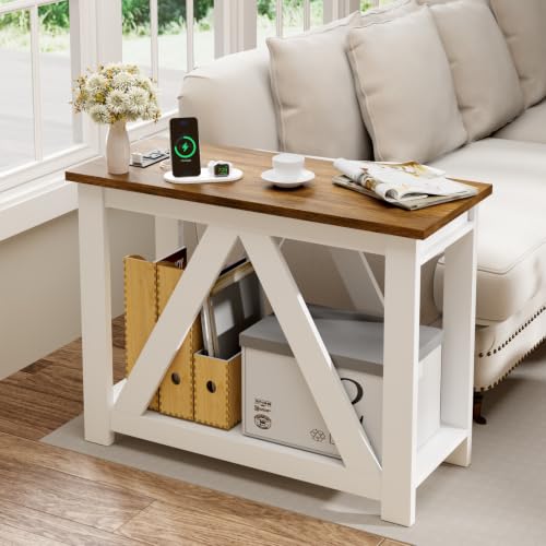 Farmhouse Narrow End Table with Charging Station - White & Honey Brown, Variation 1
