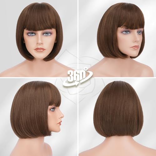 BARSDAR Short Brown Bob Wig With Bangs - Short Brown Bob with Bangs Wig for Women - 12 Inch Natural Looking Soft Synthetic Hair Replacement Wigs Velma Kelly Costume Dora Wigs Daily Party Halloween