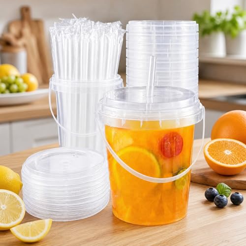100 Pack 34oz Disposable Coffee Cups with Lids, Straws & Handles - Hot & Cold Drinks
