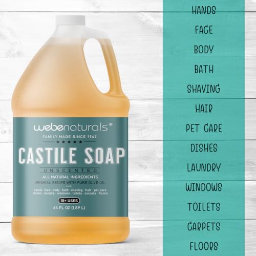 WEBE Pure Unscented Castile Liquid Soap Refill, 64 Ounce | Vegan & Gluten Free Non-GMO, For Face, Body Wash, Dishes, Pets & Laundry