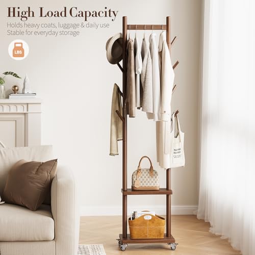 Yoobure Walnut Freestanding Coat Rack with 8 Hooks & Shelves - Portable Wooden Clothing Stand, 15.8"