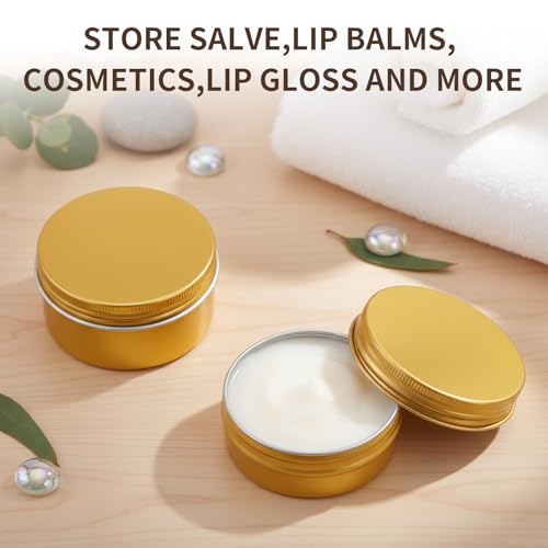 Patelai 2 oz 120 Pcs Metal Round Tins Salve Tins with Screw Lid Metal Jars Aluminum Cans Containers 20 Sheets Stickers for Candle Making Salve Spice Candies Balms(Gold)