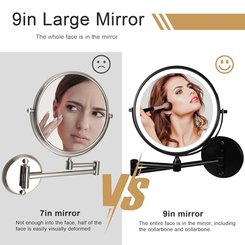9" Large Black Wall Mount Magnifying Mirror With Light, TUSHENGTU 3000mAh Rechargeable Lighted Makeup Vanity Mirror Wall Mounted Swing Arm,10X/1X Magnifying Vanity Mirror for Bathroom 360¡ÆDouble Sided