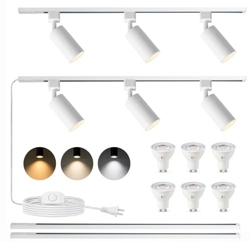 White 6-Light Dimmable Track Lighting Kit with 3-Color Bulbs, Adjustable Spotlights