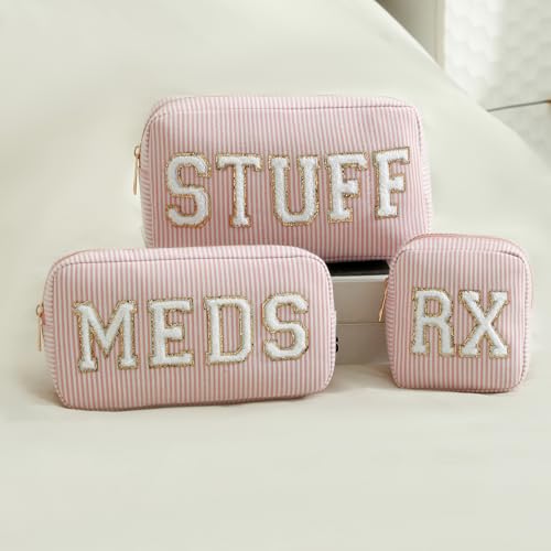3pcs Pink Seersucker Chenille Letter Makeup & Travel Bags Set - Meds Rx Organizer