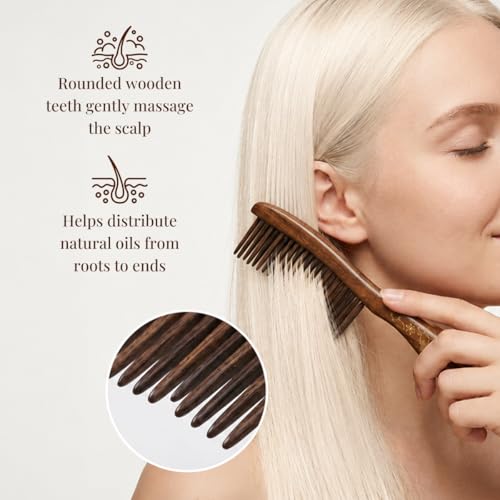 Handmade Wooden Wide Tooth Comb for Curly Hair - Anti-Static Detangling Hairbrush