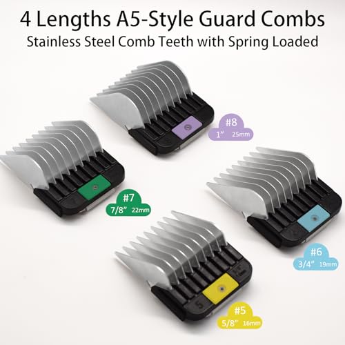 Pet Grooming Guard Combs Set for A5 Style Clippers - 4 Sizes, Stainless Steel & ABS