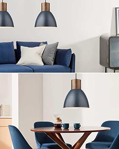 Blue 2 Pack Modern Hammered Pendant Lights - Adjustable Wood & Metal Fixture for Kitchen & Dining