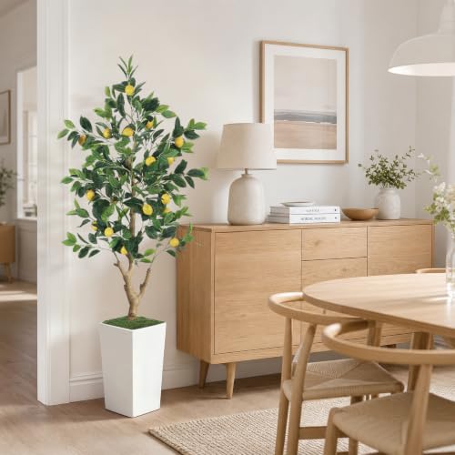 5FT Artificial Lemon Tree with White Tall Planter - Realistic Faux Plant