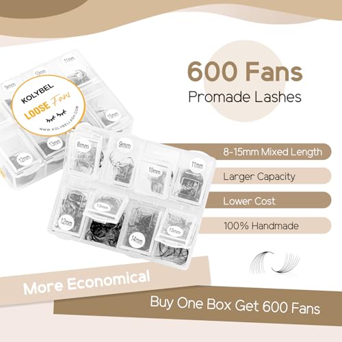 Premade Lash Fans 600 Fans 10D Handmade Premade Fans Lash Extensions 0.07mm Thickness 8-15mm D Curl Premade Fans Eyelash Extension Middle Stem Promade Lashes Fans (600Fans-10D-0.07D,8-15mm)