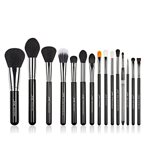 Jessup Makeup Brush Set 15 Pcs for Eyeshadow, Contour, Lip - Silver/Black