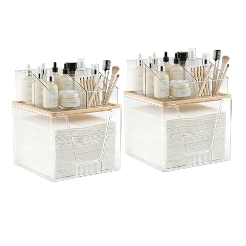 Clear 2 Pack Disposable Facial Towel Holder & Cosmetic Organizer with Bamboo Lid
