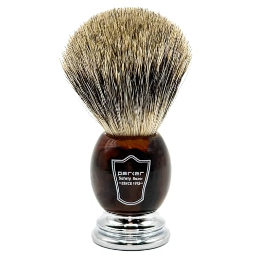 Parker Safety Razor Faux Horn 3-Band Pure Badger Shaving Brush + Stand, 22mm Knot