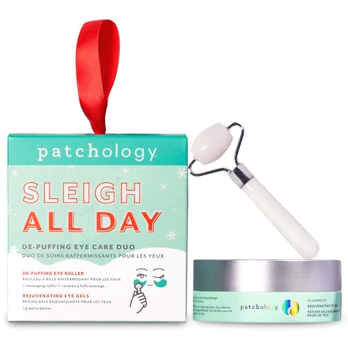 Patchology Gift Set - Depuffing Under Eye Masks & Facial Roller Duo ? Caffeine & Hyaluronic Acid Collagen Under Eye Patches for Puffy Eyes, Dark Circles & Wrinkles, Holiday Gift Skincare - 15 Pair Jar
