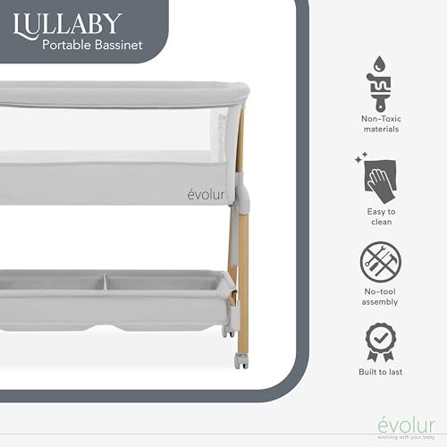 Evolur Lullaby Portable Bassinet with Wheels & Storage - Light Gray