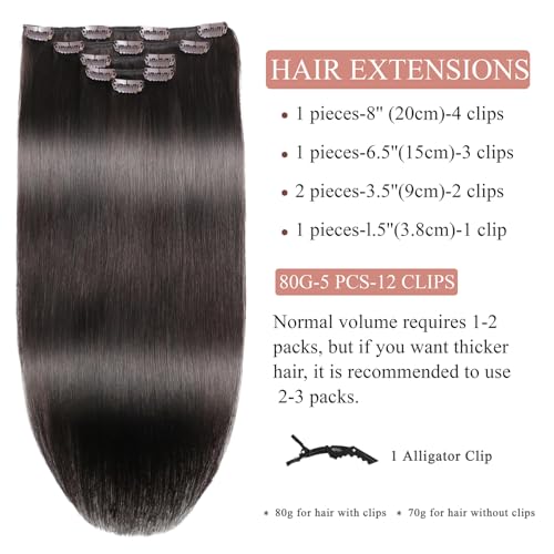 Human Hair Clip-in Extensions 14 Inch Real Remy Hair Dark Brown 5pcs