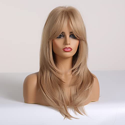 Long Strawberry Blonde Wig for Women & Girls - 23 Inch Layered Cosplay Hair with Bangs - Heat Resistant Synthetic Fiber