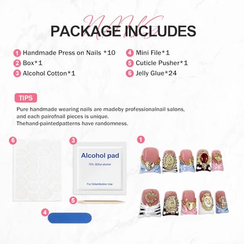 Handmade Press on Nails Kit Heart Fake Nail with Luxury 3D Rhinestone Designs Gradient French Tip Muti-Layer Gel Acrylic Nails Short Square False Nails Golden Embossed Stick on Nail for Women (Size S)