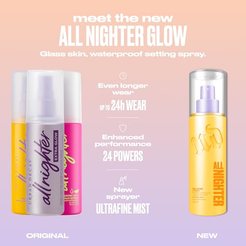 Urban Decay All Nighter Waterproof Makeup Setting Spray - Glass-Skin Glow Finish, Up to 24HR Wear, Ultra-Fine Facial Mist, Dewy Foundation Face Primer, Smudge-Proof, Transfer-Resistant, Niacinamide
