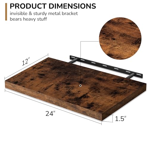 Rustic Brown Floating Shelves Set - 23.6 Inch Deep Wall Storage - Extra Thick & Deep for Living Room, Kitchen, Farmhouse Decor