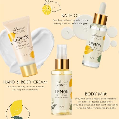 ArioseMonde Lemon Gift Basket for Women - Spa Self Care Kit, 8pcs
