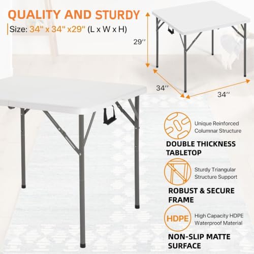 34-Inch Square Folding Card Game Table with Removable Steel Legs, Waterproof HDPE Top, Portable for Parties & Camping