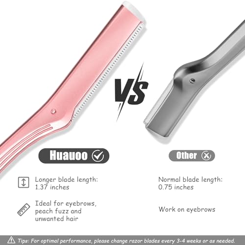Dermaplane Razor for Women Face, Stainless Steel Handle with 6 Replaceable Blades, Huauoo Face Razors for Women, Peach Fuzz Remover, Eyebrow Trimmer, Dermaplaning Tool for Face Exfoliation (Pink)