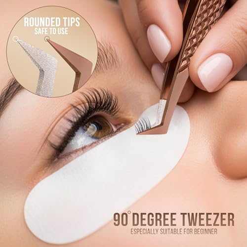 Rose Gold Fiber Tip Eyelash Extension Tweezers 5 Pcs Set with Leather Case