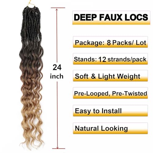 24 Inch Faux Locs Crochet Hair - Pack of 8, Goddess Style with Curly Ends, 1B/30/27