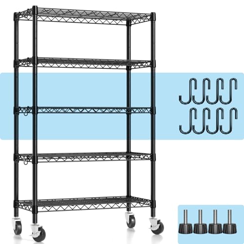 Hodonas 5-Tier Heavy Duty Wire Shelving 1900 lbs with Rolling Wheels, 36W x 14D x 75H