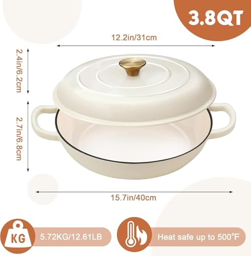 Overmont 3.8QT Enameled Cast Iron Dutch Oven - White Shallow Braiser with Lid