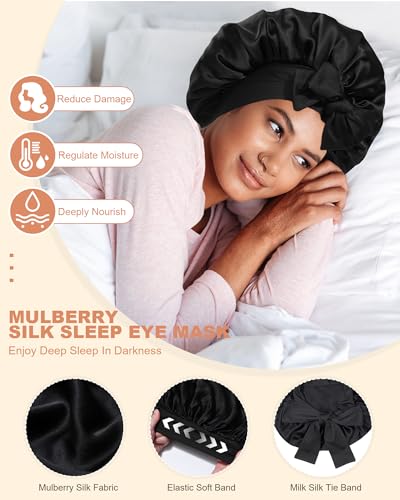 AWAYTR 2-Pack Black Mulberry Silk Sleep Bonnet for Curly Hair Women Reversible Sleep Cap