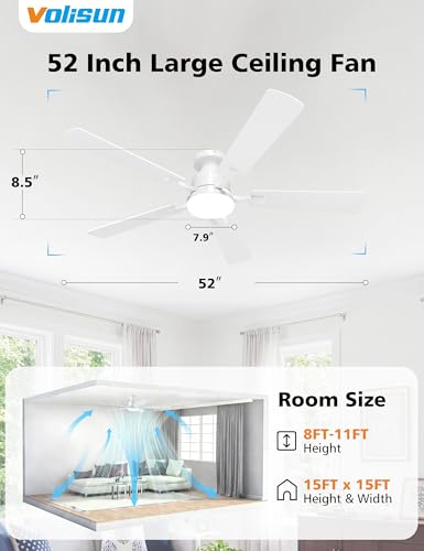52 Inch Ceiling Fan with Lights - Flush Mount, Remote & App Control, Dimmable LED, Reversible & Quiet for Bedroom & Living Room - White / 52 Inch