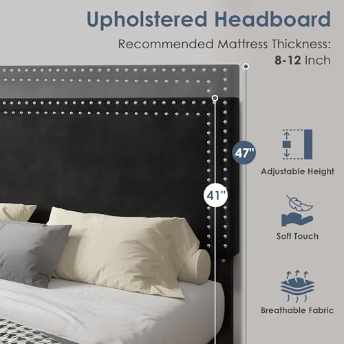 Twin Size Upholstered Bed Frame with Adjustable Headboard, Modern Platform Design, Black - No Box Spring Needed