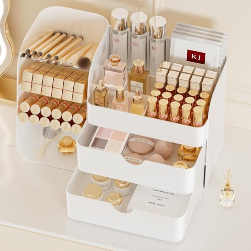 Makeup Organizer with Brush Holder for Vanity,Countertop Makeup Organizer with Drawers,Spacious Cosmetic Display Case,Perfect Storage Solution for Your Beauty Essential