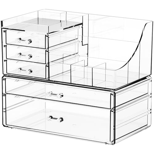 Yieach 2 Pack Clear Makeup Organizer Countertop for Dresser,Vanity and Bathroom Counter Organizer,Tiered Stackable Makeup Acrylic Organizers with 5 Drawer for Skincare,Brush and Make up Holders