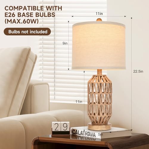 Set of 2 Rattan & Fabric Drum Shade Table Lamps - Boho Coastal Home Decor