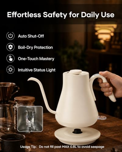 Cocinare Gooseneck Electric Kettle 0.8L - White, Fast Boil for Pour-Over Coffee & Tea - Morandi Style