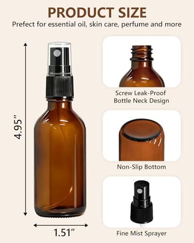 2oz Amber Glass Spray Bottles Set - 36 Pack for Essential Oils & Perfume