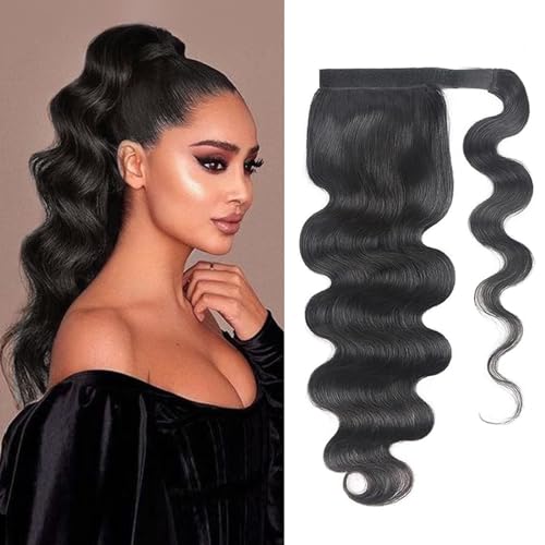 Body Wave Ponytail Extension 16 Inch Human Hair Wrap Around Clip-In for Black Women